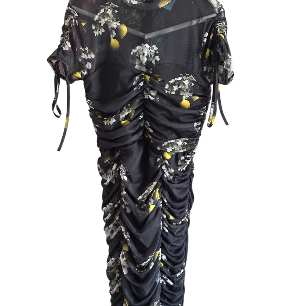 AllSaints Georgia Eugenia Mesh Ruched mini dress black floral lemon Size US 4